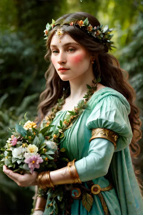 魔法の森の妖精をモチーフにした、花のディテールが施された葉っぱの形のヘッドピースを身に着けている小人女性, 魔法のような彫像と動く彫刻のある空中彫刻庭園., アルフォンス・ミュシャ || 傑作, 完璧な品質, シャープなフォーカス, 被写界深度が浅い, 8K