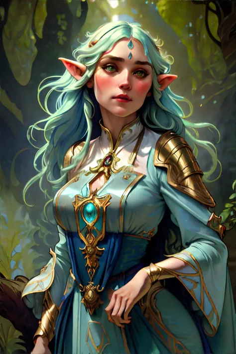 <lora:pulpartnouveau:0.5>, Undine woman wearing Elven dress with flowing sleeves and a high collar, Ancient elven tree city suspended in the canopy, by alphonse mucha || <lora:pulpartnouveau:0.5>, masterpiece, perfect quality, sharp focus, shallow depth of field, 8k