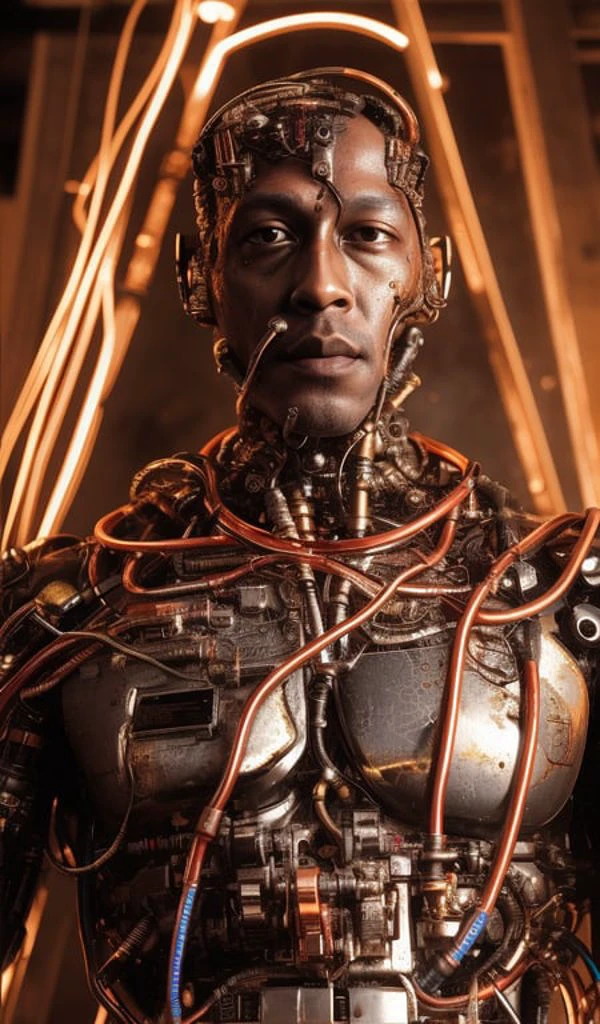 Retrato del hombre cyborg, Cables expuestos, Aceite de oro goteando de cables oxidados 