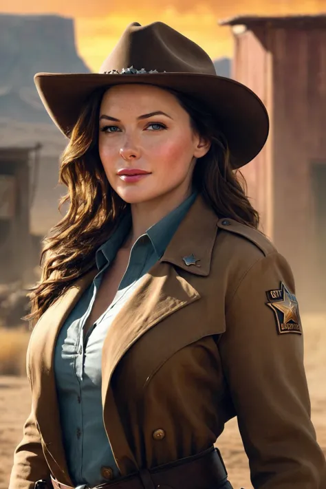 a woman in a cowboy hat and trench coat standing in a desert