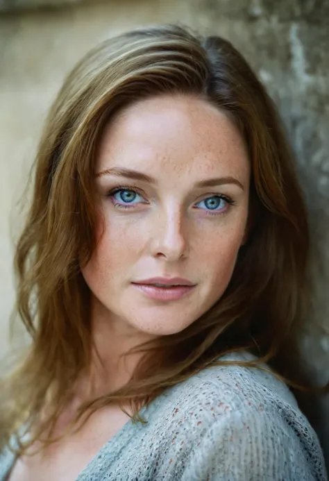 a woman with blue eyes and a sweater posing for a picture