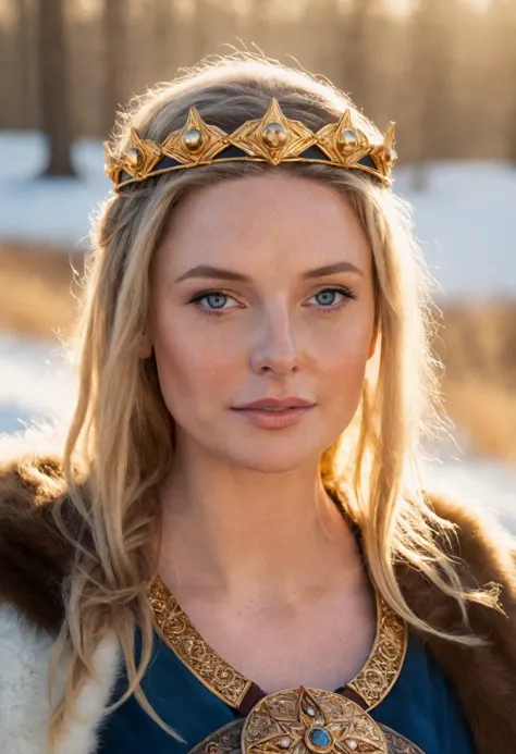 a woman wearing a crown and a fur coat in the snow