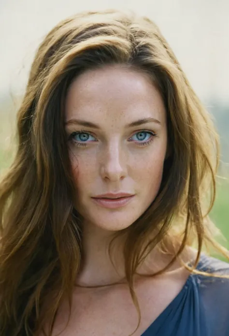 a close up of a woman with long hair and blue eyes