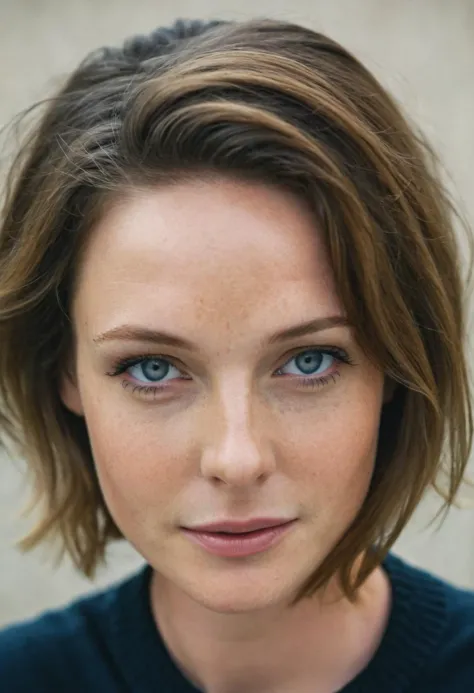 a close up of a woman with a blue shirt and a black shirt