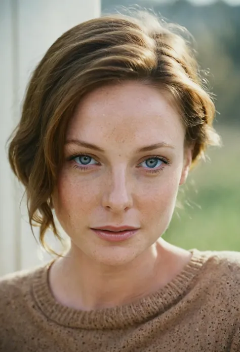 a close up of a woman with freckles and a sweater