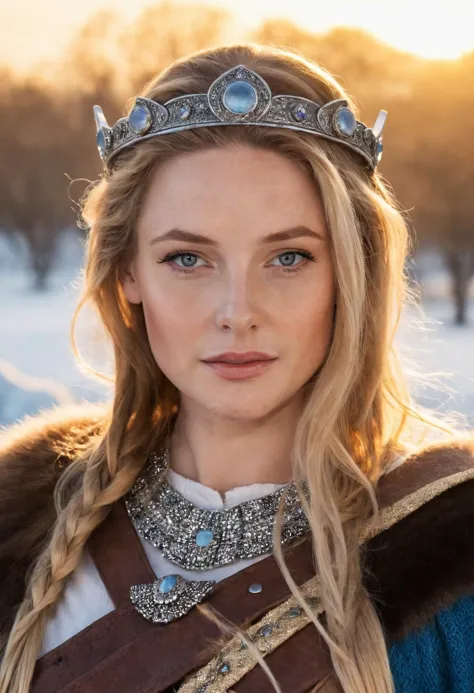 a woman wearing a crown and a fur coat in the snow