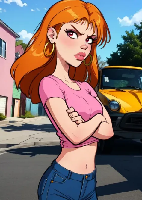 Sarah,oragne hair, lips, serious look, solo , arms crossed, upper body, 
SarAtt, hoop earrings,midriff , pink shirt, denim jeans, shoes, outside, neighborhood, cartoon, morning,
 (insanely detailed, beautiful detailed face, masterpiece, best quality) <lora:Sarah-ED-10:0.7>