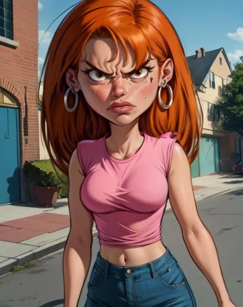 Sarah,orange hair, lips, serious look, angry,  black eyes,  
hoop earrings,midriff , pink shirt, denim jeans, shoes, 
outside, neighborhood, cartoon, morning,  red in the face, 
 solo , upper body, standing, 
(insanely detailed, beautiful detailed face, ma...