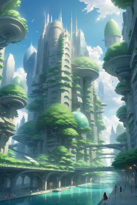 a painting of a futuristic city with a river and trees