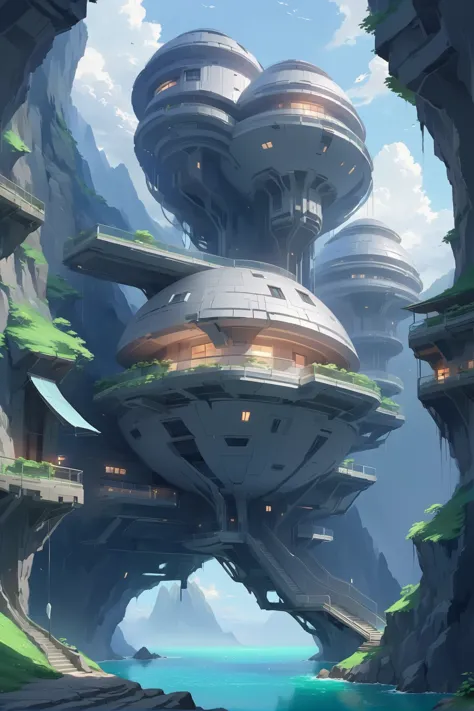 a painting of a futuristic city in the middle of a mountain