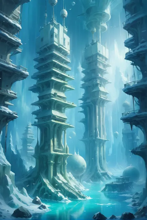 a painting of a futuristic city with a waterfall in the middle