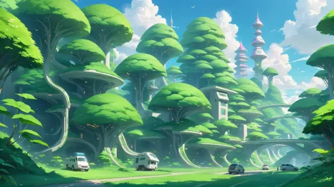 a close up of a cartoon city with a lot of trees