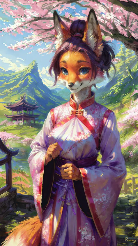 a painting of a woman in a kimono outfit with a fox on her head