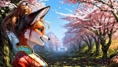 anime fox in a forest with cherry blossoms