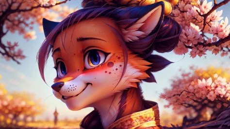 (fox ears, fox nose, small breasts, fluffy, traditional chinese outfit:1.1),cherry blossom tree, fall, outdoor, daytime, close up face, hair ornament, hair bun, happy, cute, solo,1girl, female, anthro, smile, blush, round face, freckles, side view,(by Hioshiru,by einshelm:0.9),masterpiece, best quality, photorealistic, hyperrealistic, ultradetailed, detailed background, photo background, digital drawing (artwork), [ by dagasi|ancesra:0.7]