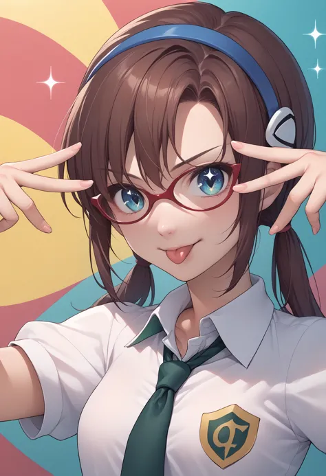 anime girl with glasses and a tie holding her headphones to her ears