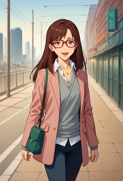 anime girl walking down a street with a purse and a handbag