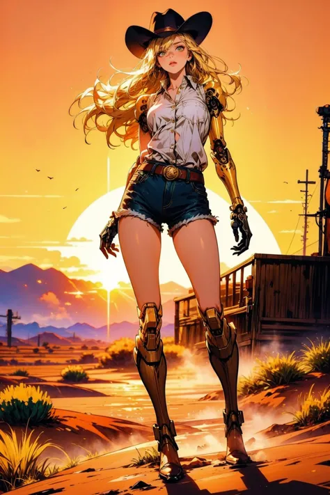 a woman in cowboy gear standing in the desert with a gun