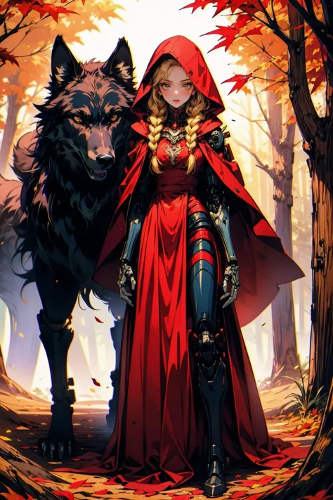 a woman in a red cape and a wolf in a forest