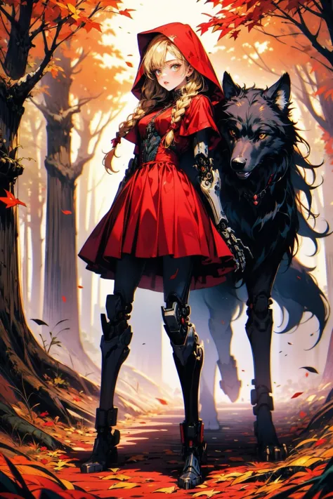 (masterpiece:1.4), (intricate:1.2), (detailed:1.2), (vibrant colors:1.2), BREAK,
(science fiction:1.2), (full body:1.0), BREAK,
(cyborg young girl next to a black wolf:1.2), (red riding hood:1.2), (mechanical limbs:1.2), (red dress:1.0), (twin blonde braids:1.0),  <lora:biomanic:0.9>, BREAK,
(forest:1.2), (autumn leaves:1.0),