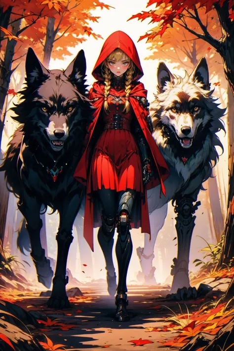 a woman in a red cape and three wolfs walking through a forest