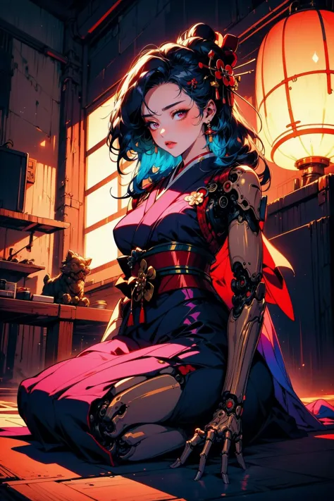 (masterpiece:1.4), (intricate:1.2), (detailed:1.2), (vibrant colors:1.2), BREAK,
(cyberpunk:1.0), (science fiction:1.0), (synthwave:1.0),  BREAK,
(female cyborg:1.2), (solo:1.2), (geisha:1.3), (traditional japanese clothes:1.2), (seiza:1.1), (submissive:1.0), (mechanical limbs:1.2), <lora:biomanic:0.8> ,
(futuristic:1.0), (brothel:1.0), (luxurious:1.0), (neon:1.0)