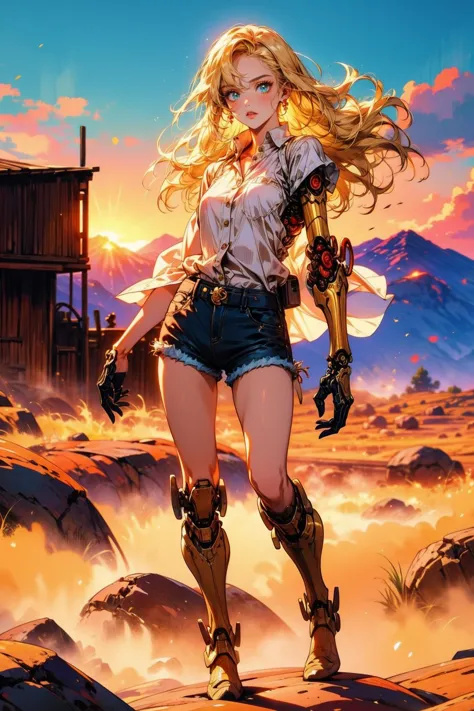 a woman in cowboy clothes and boots walking across a desert