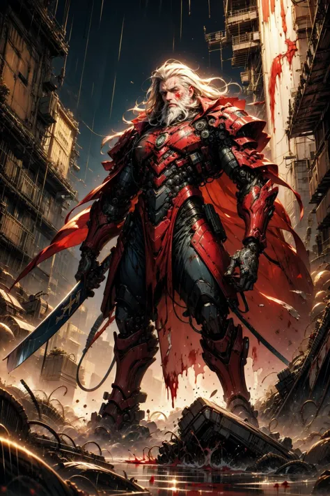 a man in armor standing in a city with a sword