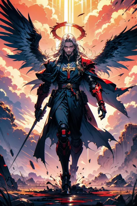 a man with wings and a sword walking through a field