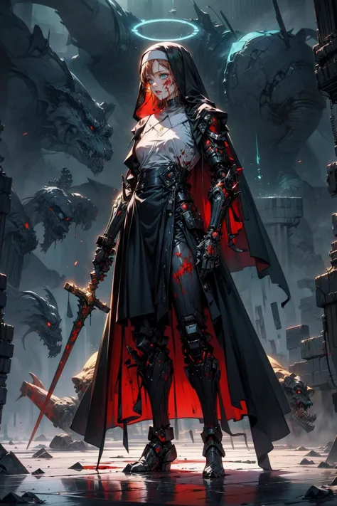 a woman in a black cloak and red cape standing in front of a giant demon