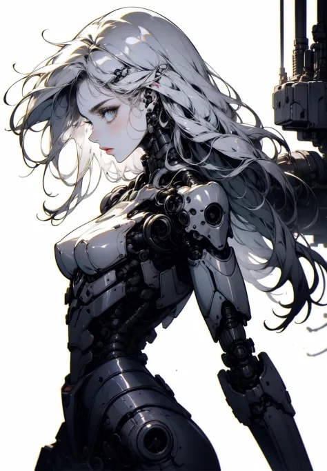 1girl, solo, long hair, breasts, simple background, white background, medium breasts, monochrome, greyscale, from side, profile, science fiction, android, joints, mechanical arms, cyborg, robot joints, cyberpunk, mechanical parts <lora:biomanic:0.8>