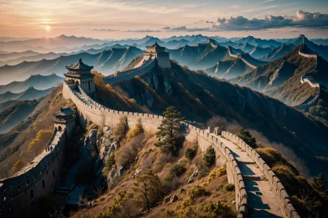 Great wall of china, masterpiece, landscape focus, wide angle, 8k,  from above, winding like a dragon, jade accents, sunset,