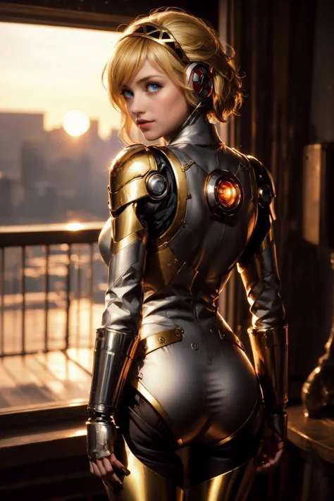 masterpiece, best quality, 19 year old female, sunset, golden hour, shiny metal armor, reflections in mechanical parts,  smirk, ...