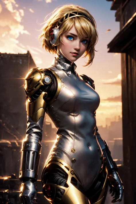 masterpiece, best quality, 19 year old female, sunset, golden hour, shiny metal armor, reflections in mechanical parts,  smirk, ...