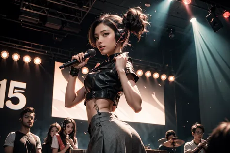 araffes woman in a leather top and skirt holding a microphone