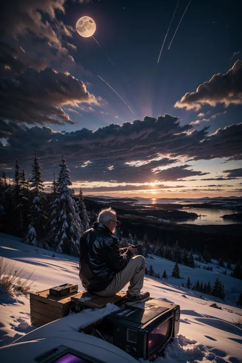 arafed man sitting on a box in the snow with a view of the moon