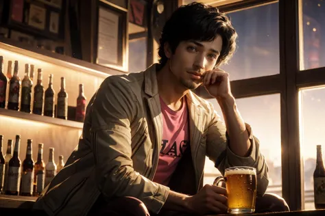 masterpiece, best quality, 30 year old man, sitting in a bar holding up a large mug of beer by a handle, golden hour, shiny, reflections in glass, Happy smirk, backlit, godrays, one point perspective, perfect anatomy,  perfect hands,  solo focus,  ((masterpiece, best quality)), front view, vincentp3, black hair, afro, stubble, jacket, pink shirt, heart, pants