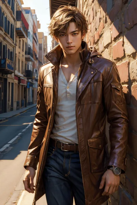 arafed man in a brown leather jacket leaning against a brick wall