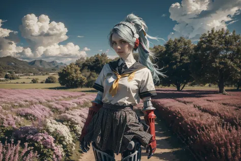 anime - style girl with blue hair and a bow in a field of flowers