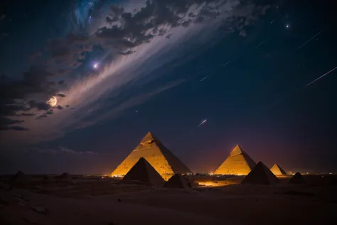 a close up of three pyramids in the desert at night