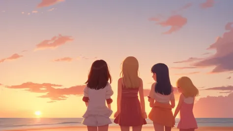 three girls standing on a beach watching the sun set