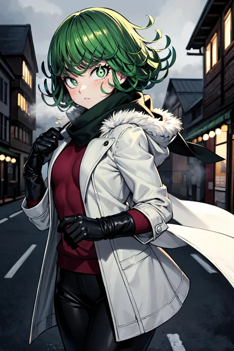 chef-d&#39;œuvre, Meilleure qualité, 1fille, Tatsumaki, homme à un coup de poing, cheveux verts, yeux verts, pupilles brillantes, petite, tonique, Petits seins, Duffle-coat, bordure en fourrure, gants, foulard, leggings, hiver, Occasionnel, En plein air, ville, haleine, brouillard, Vent,