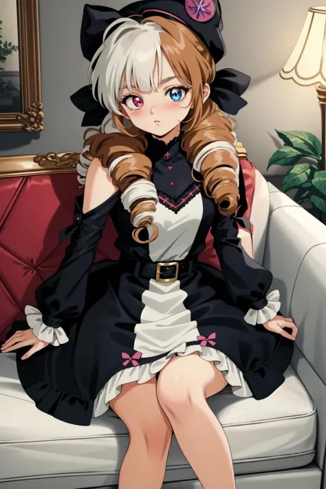 (masterpiece, best quality),  intricate details,
1girl,   Soul_Fighter_Gwen, dress, multicolored_eyes, heterochromia, twin_drills ringlets, long_hair, black_headwear, 
 1990s (style),retro style, tea , old person house, pink couch,