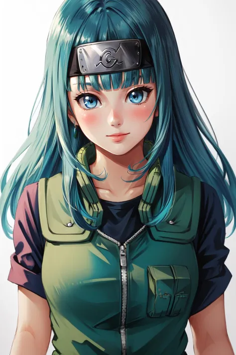 (masterpiece, best quality),  intricate details,
1girl,   maron, blue eyes, aqua hair,blunt bangs, long hair,
 joninvest, forehead protector,  green vest,