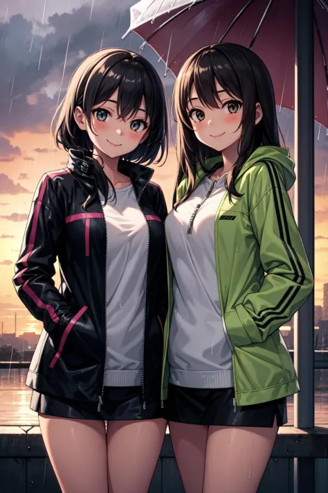 masterpiece, best quality, detailed, 2girls, rain jacket, close jacket, sunset, rain, smile