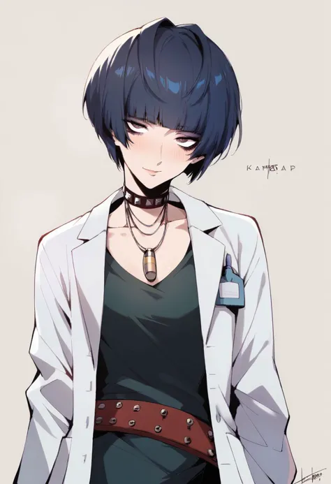 score_9, score_8_up, score_7_up, 1girl, solo, takemip5, short hair, bob cut, black hair, blue hair, choker, necklace, cleavage, ...