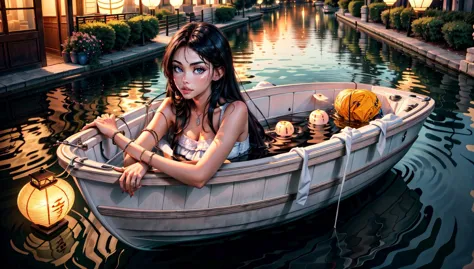 masterpiece, best quality, a romantic and dreamy scene of a beautiful woman in a boat on a tranquil lake, surrounded by floating...