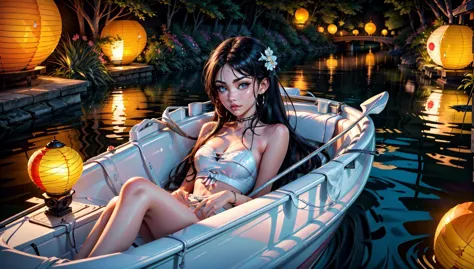 masterpiece, best quality, a romantic and dreamy scene of a beautiful woman in a boat on a tranquil lake, surrounded by floating...
