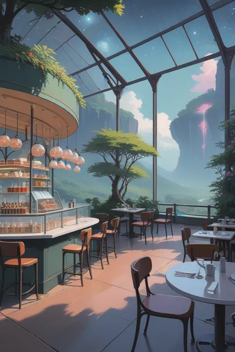 anime style, glasshouse caf in a pristine,solemn fantasy vertical topia edge of the universe, masterpiece<lora:envystarlightbeau...