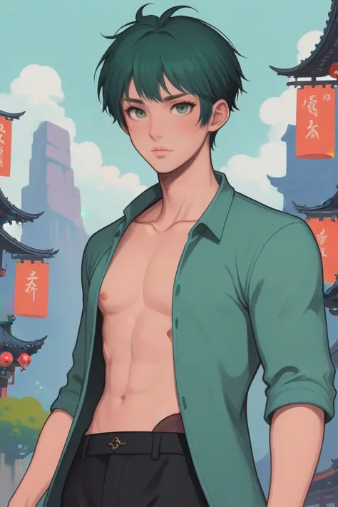 anime style, full body, character concept art, (full body:1.2), 1boy, man, handsome, solo, [:fantastical costume design,:0.2] mystic, chinese, mediumspringgreen hair, (athletic:1) build, cheerful fantasy megacity beyond the beginning of the multiverse<lora:EnvyStarlightBeauty08:1>